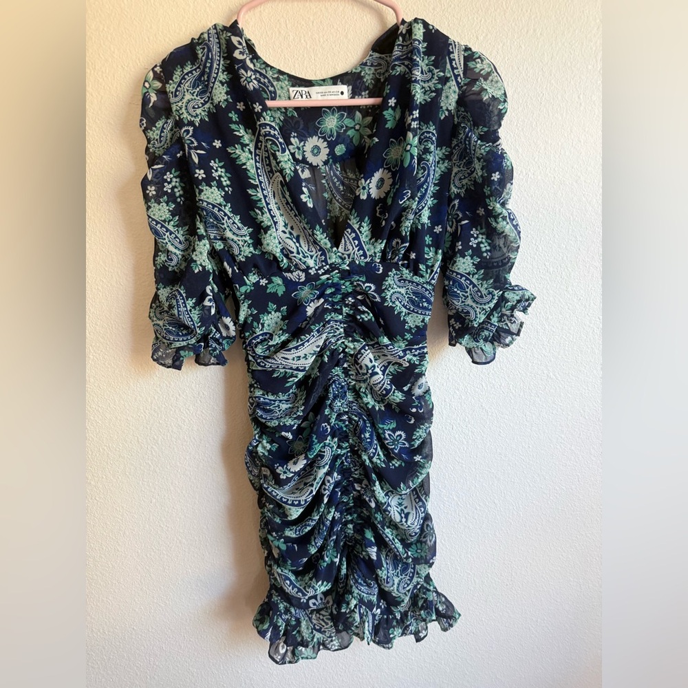 Zara Dark Blue and Light Green Paisley Dress